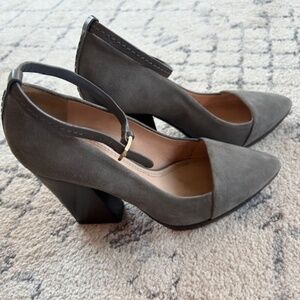 Tory Burch Rivington Pumps Womens Size 7M Gray Suede Ankle Strap Stacked Heel